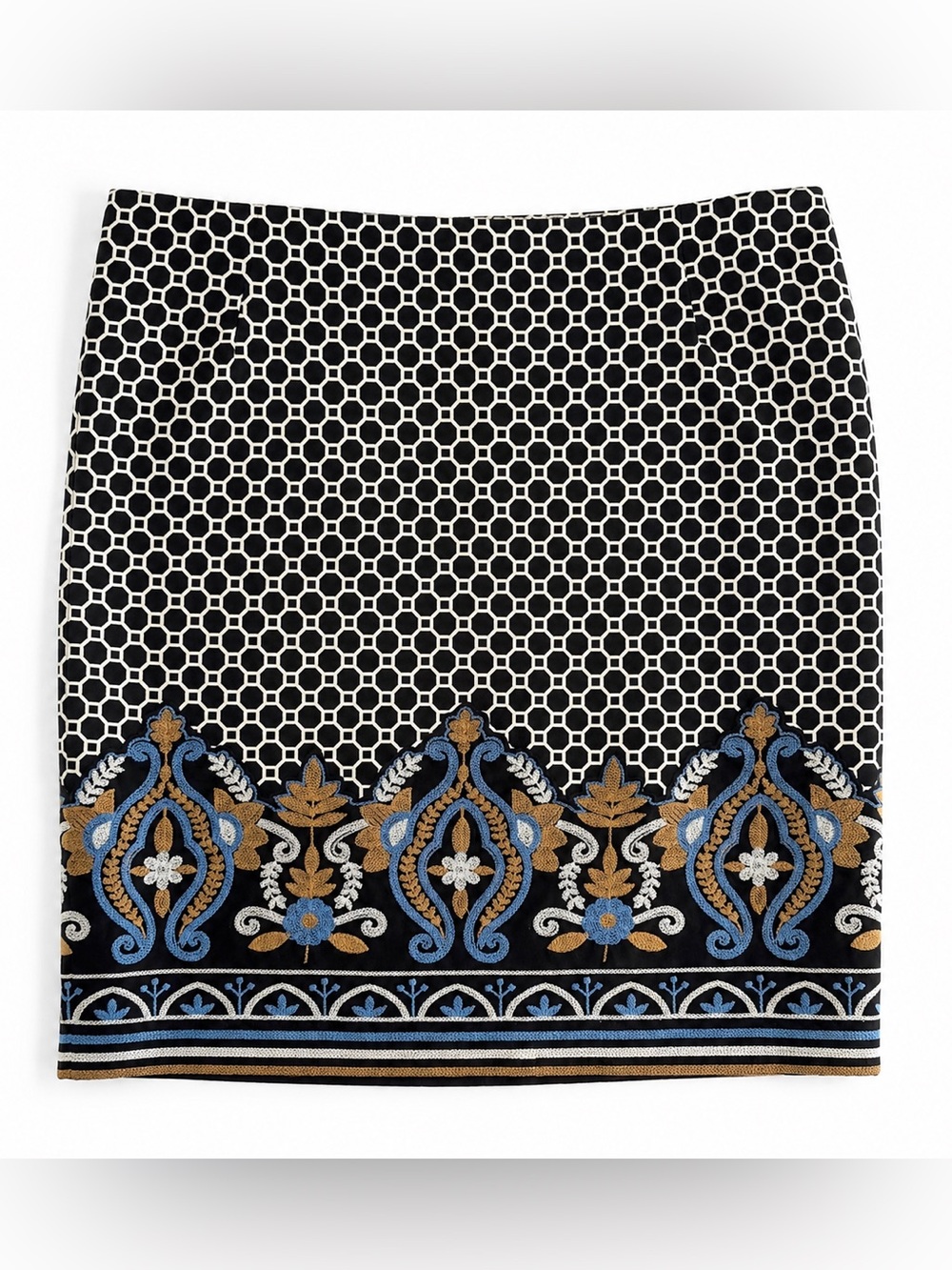J. McLaughlin Embroidered Geo Print Pencil Skirt 12 Black White Blue